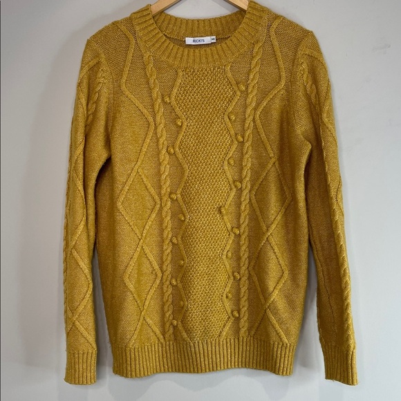 Rickis Popcorn Cable Knit Sweater Mustard Yellow Pullover Long Sleeve Crewneck M - Picture 2 of 11